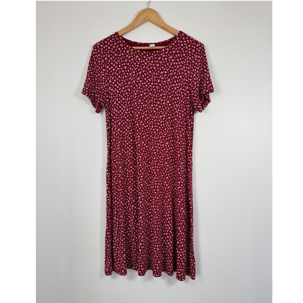 Boho T-Shirt Dress Women Large Burgundy Floral‎ Short Sleeve Crew Neck Relaxed
